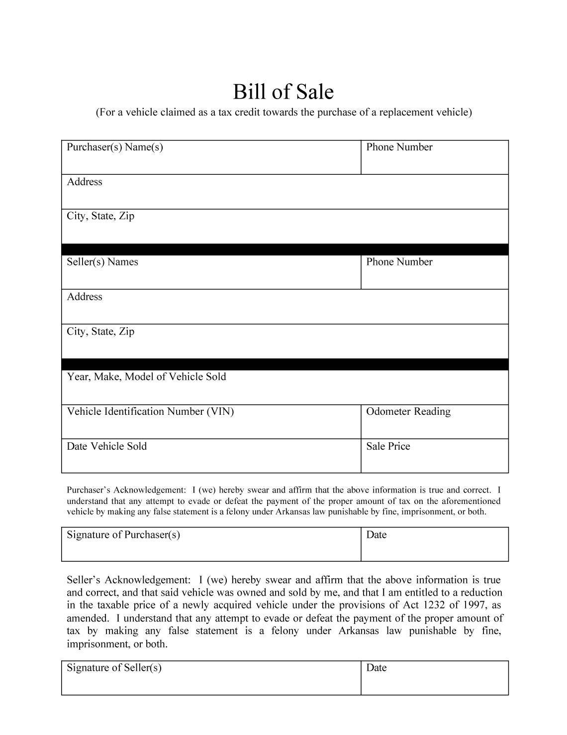 Free Printable Vehicle Bill Of Sale Template Form Generic Free