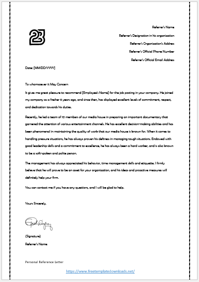 Free Personal / Character Reference Letter Template 06