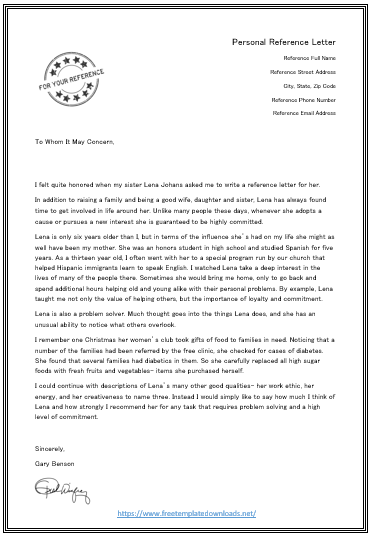 Free Personal / Character Reference Letter Template 10