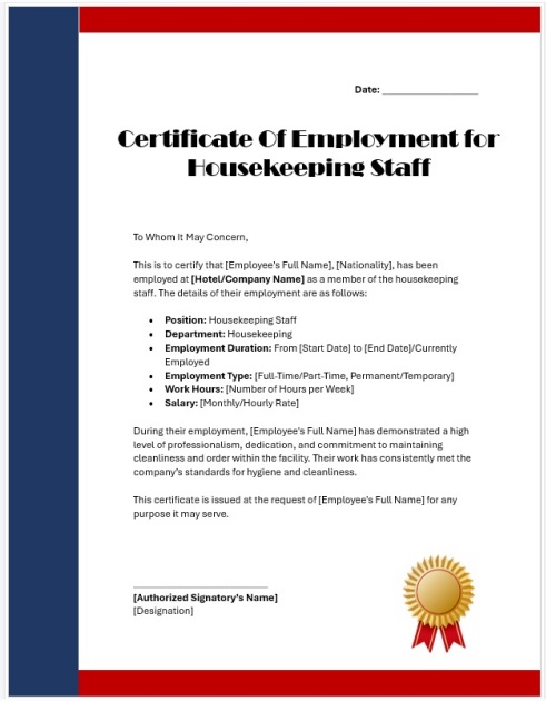 Certificate Of Employment for Housekeeping Staff