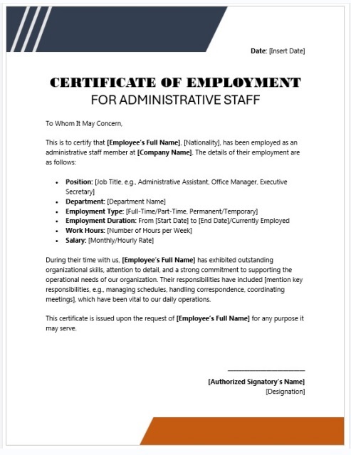 Certificate of Employment for Administrative Staff 