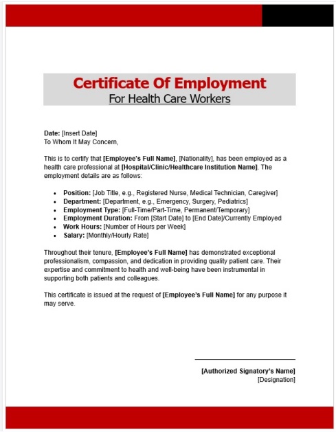 Certificate of Employment for Health Care Workers