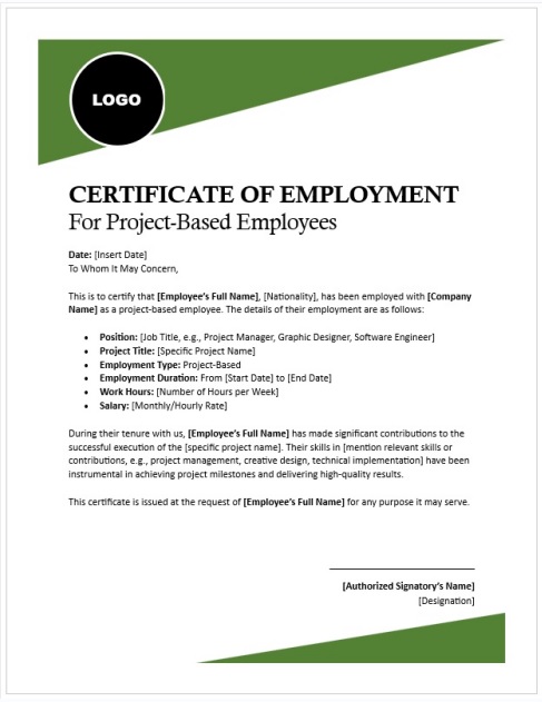 Certificate of Employment for Project-Based Employees