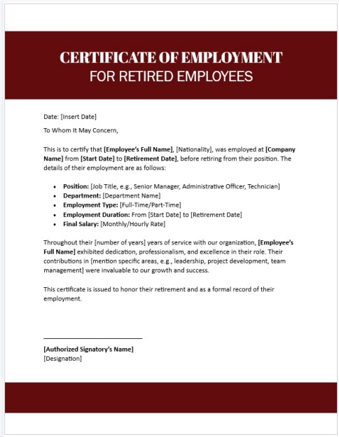 Certificate of Employment for Retired Employees 