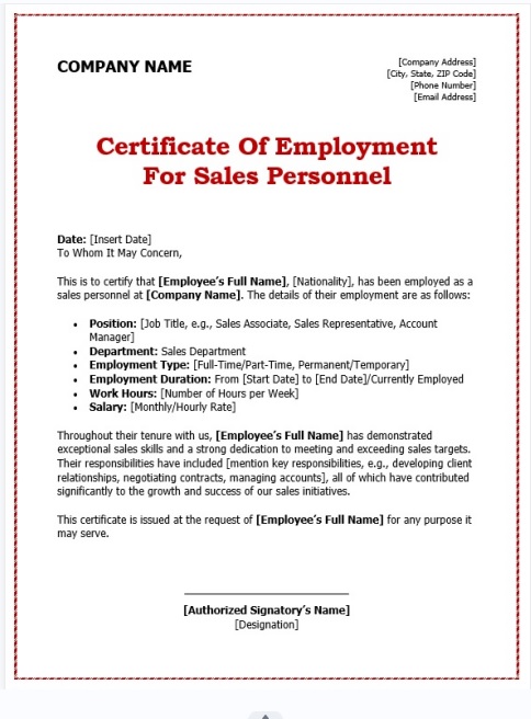 Certificate of Employment for Sales Personnel