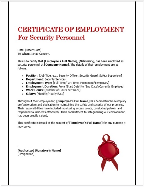 Certificate of Employment for Security Personnel