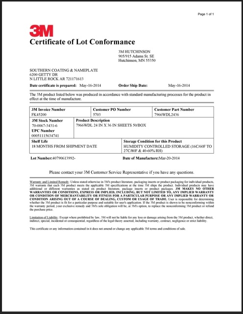 Certificate of Lot Conformance