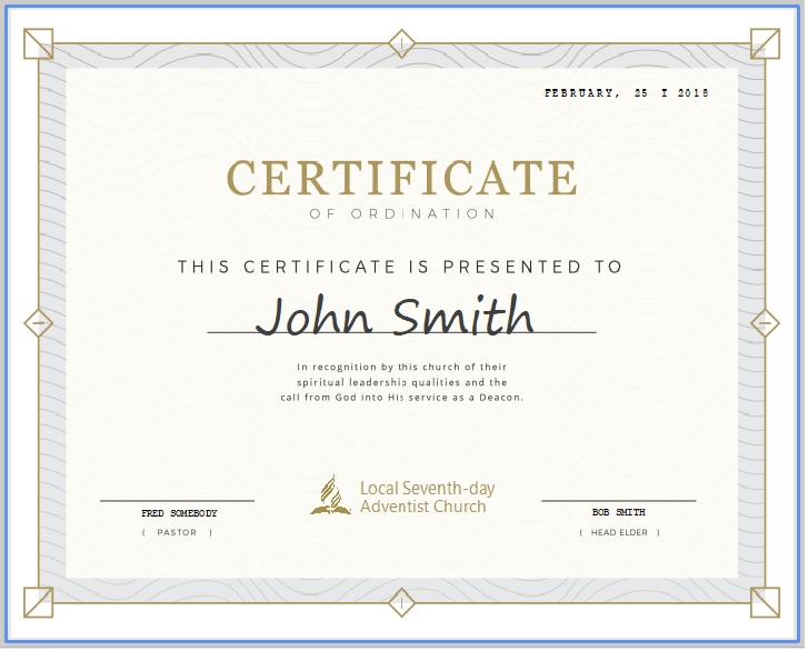 Church Ministry Ordinate Certificate