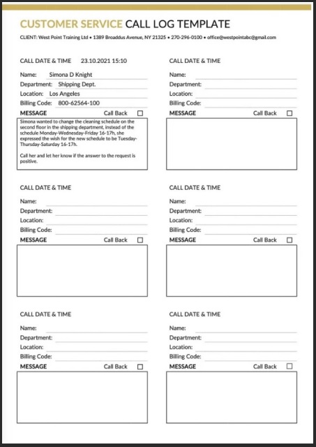 Customer Service Call Log