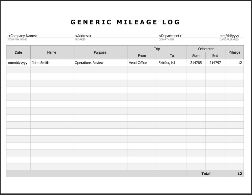 Generic Mileage Log