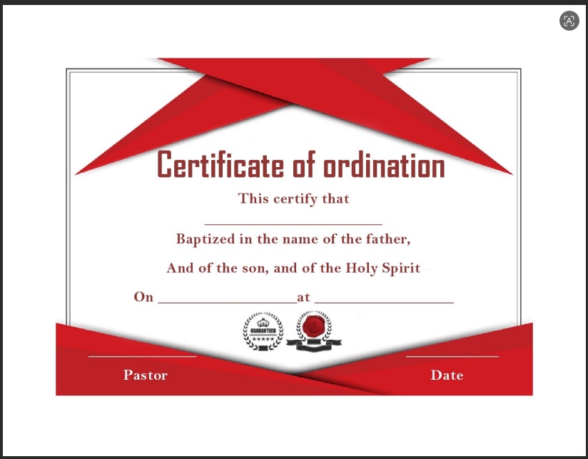 Holy Ordination Certificate