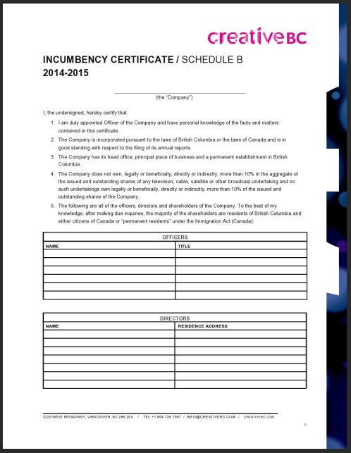 Incumbency Governance Certificate