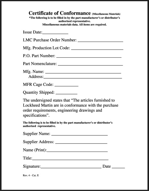 Manufacture Certificate of Conformance