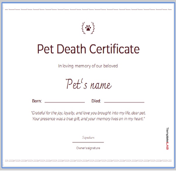 Pet Death Certificate Template