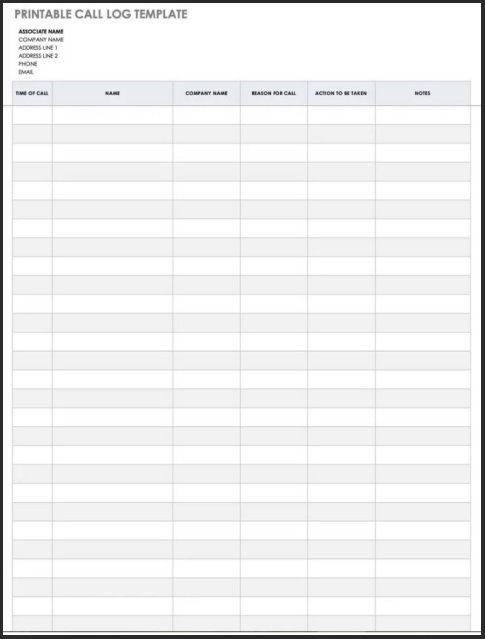 Printable Call Log Sheet