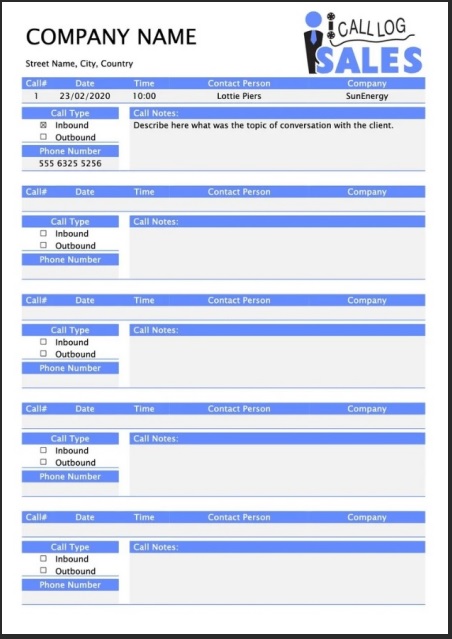 Sales Call Log Sheet